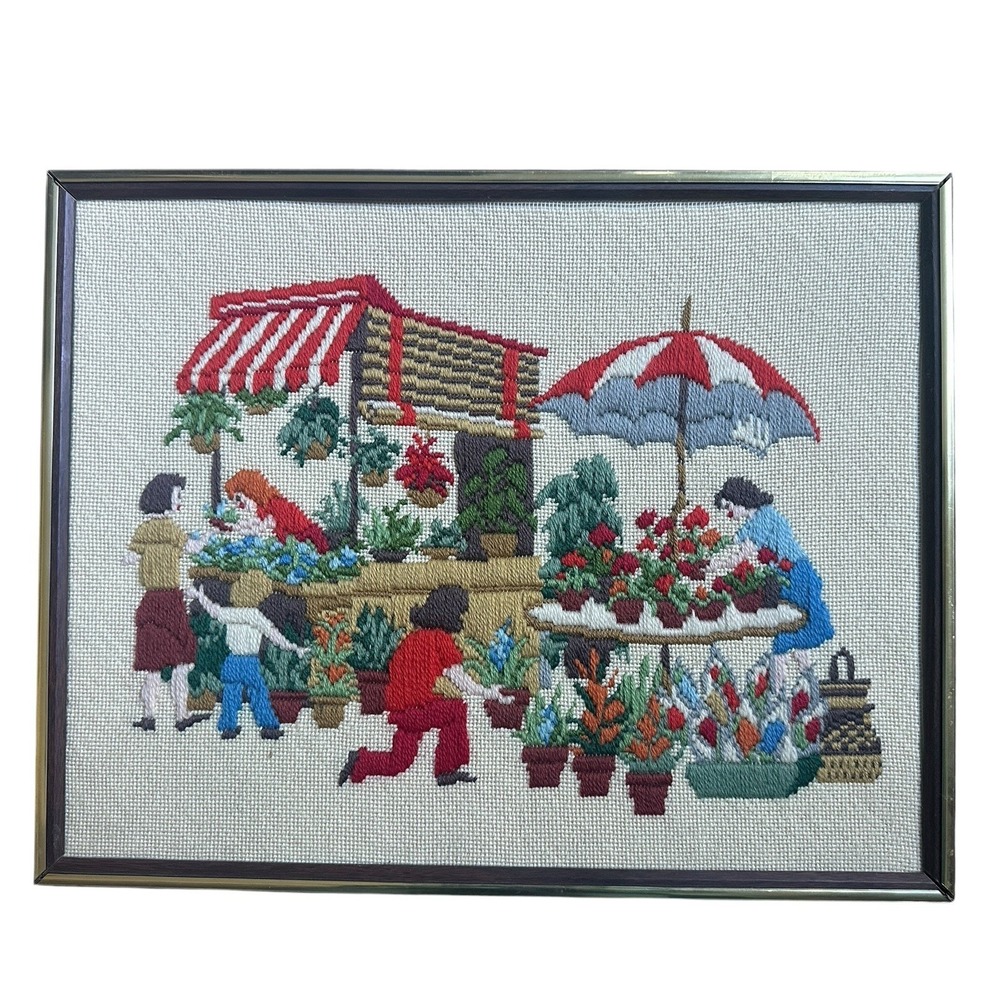 VTG Art Crewel Embroidery Needlepoint Framed 18.5x14.5 Inch Flower‎ Market Stand